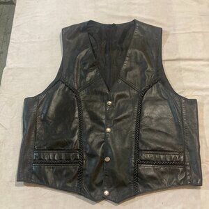 Vtg sleeveless rocker biker black leather western cowboy mens vest sz XL